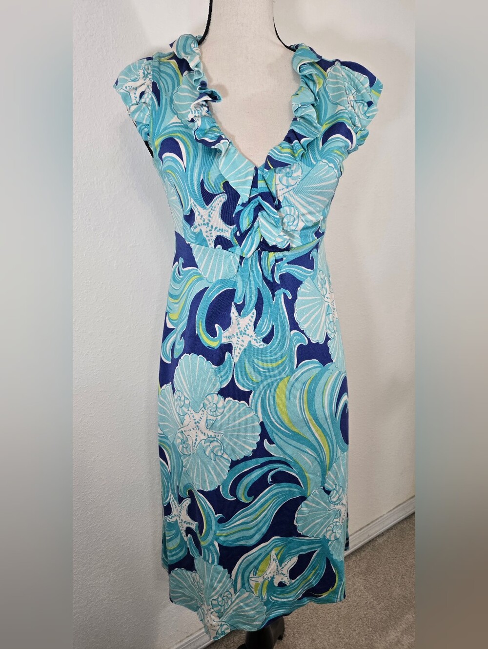 Lilly Pulitzer Blue/Aqua Ruffle V-Neck Seashell Midi Dress Summer Vaca Beach, XS